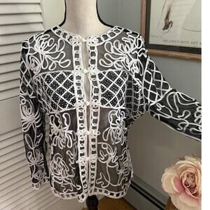 JEANNIE Womens Jacket Semi Sheer Ribbon Sequin Detail Party Wedding Artsy XL